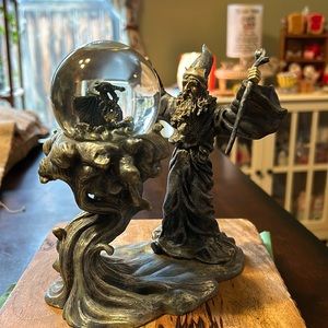 Wizard and SnowGlobe with Dragon Antique 1998 Vandor Pewter Looking Resin Figure